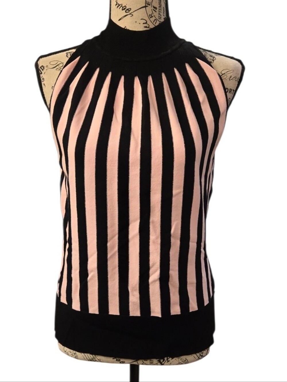 Cyrus Black & Light Pink Vertical Stripe Mock Neck Tank